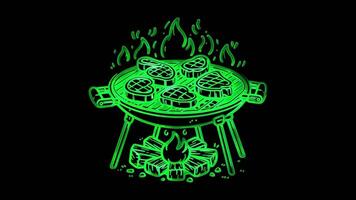 Glowing looping icon beef being grilled over an open flame neon effect, black background. video