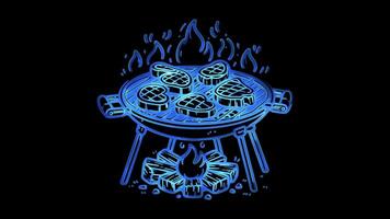 Glowing looping icon beef being grilled over an open flame neon effect, black background. video