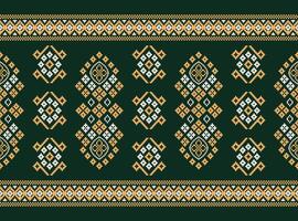 Traditional ethnic motifs ikat geometric fabric pattern cross stitch.Ikat embroidery Ethnic oriental Pixel green background. Abstract,illustration. Texture,decoration,wallpaper. vector