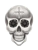 Skull tattoo design by hand drawing on paper vector