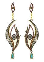 Jewelry design fancy feather eye earrings sketch by hand drawing on paper. vector