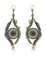 Jewelry design fancy feather eye earrings sketch by hand drawing on paper. vector