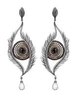 Jewelry design fancy feather eye earrings sketch by hand drawing on paper. vector
