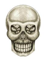 Surreal art skull design by hand drawing on paper. vector