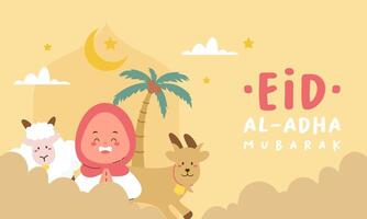 Holy Eid Al Adha Mubarak Cute Banner Cartoon doodle vector