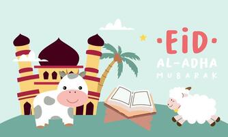 Holy Eid Al Adha Mubarak Cute Banner Cartoon doodle vector