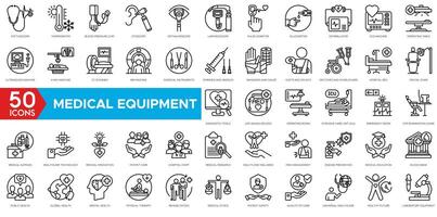 Medical Equipment icon set. Stethoscope, Thermometer, Blood Pressure Cuff, Otoscope, Opthalmoscope, Laryngoscope, Pulse Oximeter and Glucometer vector