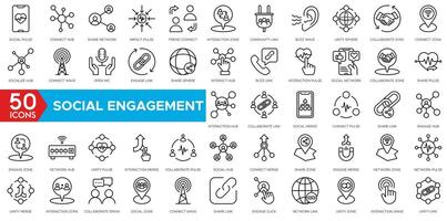 Social Engagement icon set. Social Pulse, Connect Hub, Share Network, Impact Pulse, Friend Connect, Interaction Zone, Community Link and Buzz Wave vector