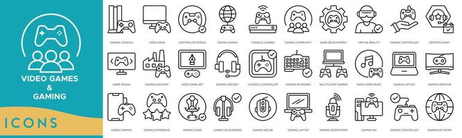 Games and Gaming icon set. Gaming Console, Game, Controller Design, Online Gaming, Console Gaming, Gaming Community, Game Development and Virtual Reality vector