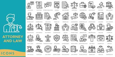 Attorney and Law icon set. Legal Advice, Court Paper, Attorney Consultation, Law Book, Legal Document, Justice Scale and Lawyer Briefcase vector