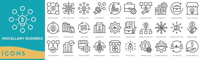 Miscellany Business icon set. Business Diversity, Miscellaneous Icons, Business Variety, Diverse Services, Mixed Industries, General Business and Assorted Ventures vector