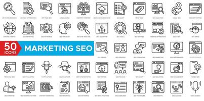 Marketing SEO icon set. Keyword Research, Link Building, Content Strategy, Search Engine Ranking, SEO Audit, Meta Tags, Analytics, Local SEO vector