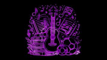 Glowing looping icon music, song, musical instrument effect, black background. video
