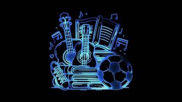 Glowing looping icon music, song, musical instrument effect, black background. video