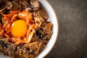 pork bulgogi rice bowl with kimchi and Korean pickled egg photo