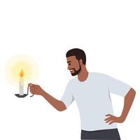 man holds candlestick with burning candle. vector