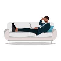 Man on the sofa with laptop. Businessman work at home. vector