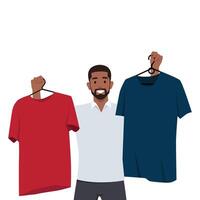 Man choosing clothes near wardrobe at home. vector