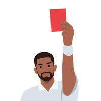 Young man soccer judge standing and showing red card to player whistling during game. vector