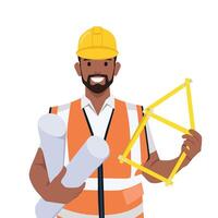 Young architect builder worker. construction engineer. man wearing helmet. vector