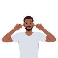 Man covering ears with fingers with annoyed expression for the noise of loud sound or music. vector