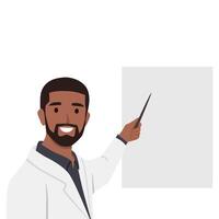 Young smiling male doctor points to an empty medical demonstration board. vector