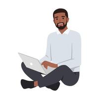 Happy cheerful man working on laptop computer while sitting on the floor. vector