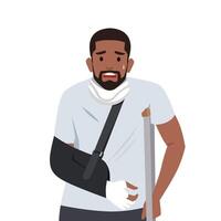 Sad man with a broken arm and leg in a cast with a crutch and a fixing collar around his neck. vector