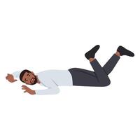 Man laying on ground in pain or unconsciousness, isolated male character fell down stretched hands in front of him and raised legs up. Accident or unexpected fall. vector