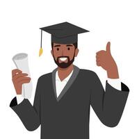 contento joven graduado hombre en graduación vestido y sombrero participación diploma y certificado pulgar arriba. vector