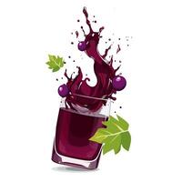 Splashes of vinous freshly and healthy grape juice with fruit slices and green leaves. clipart in flat style with drink isolated on white background for card, banner, flyer, design vector