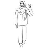 Illustrated outlined female girl with hand peace in scarves line art. Muslim hijab women making peace hand sign outline illustration element. vector
