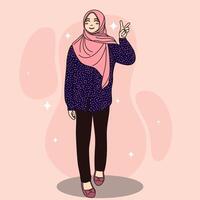 Illustrated hijab girl making hand peace sign with flash stars template design vector