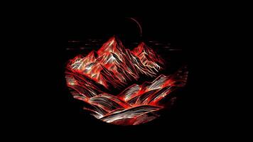 Glowing looping icon mountain scenery effect, black background. video