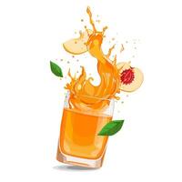 Splashes of orange freshly and healthy peach juice with fruit slices and green leaves. summer clipart in flat style with citrus drink isolated on white background for card, banner, flyer, design vector