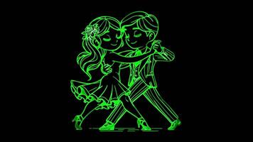 Glowing looping icon, man and woman dancing effect, black background. video