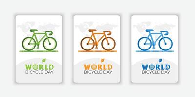 conjunto mundo bicicleta día póster con vistoso silueta. vistoso bicicleta icono. bicicleta silueta aislado en un verde antecedentes. bicicleta día póster vector