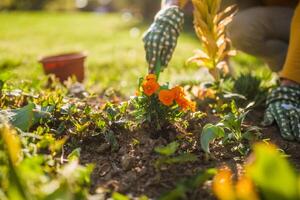 Close up image of senior woman gardening in her yard. She is planting a flower. photo