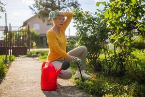 Senior woman is feeling tired and having pain in her body while gardening in her yard. photo