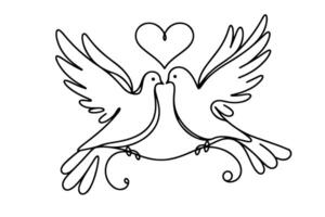 Continuous one black line hand drawing of a pigeon flying with heart love doodle outline on white background. vector