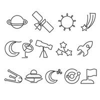 Continuous one line art space icon set. Modern icon elegance minimalist outline space icons clip art drawing. vector