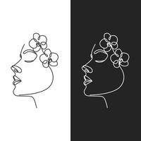 Modern abstract line art minimalistic women faces with flowers one line artwork. Continuous linear drawing style female outline. vector