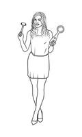 Self care woman standing with beauty tools elegant line art. vector