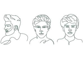 Men faces and hairstyle continues line drawing. Boy art elegant minimalist artwork. vector