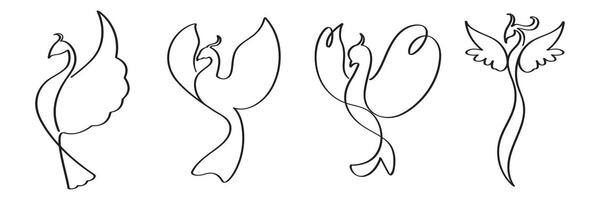 Traditional art of birds and peacock continuous line art. Birds flying minimal artwork. vector