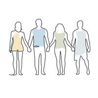 Two man and two woman are standing with holding hands friendship day outline continuous linear art. vector