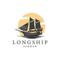 vintage viking longship warship logo traditional ocean sailboat silhouette design vector
