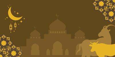 Islamic background for Eid al-Adha, with silhouette icons of mosque, mandala, cow and goat. Banner template with empty space for text. Design for sacrifice day vector