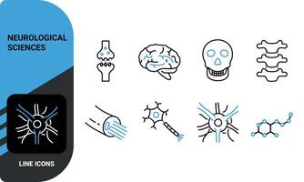 Neurological Sciences Icon Set. Thin Linear Illustrations of Brain, Neuron Structure, Nerve, Skull, Neurotransmitter and Brain Synapse, Spinal Cord. Isolated Signs. vector