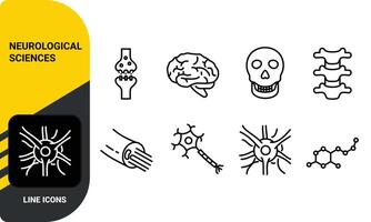 Neurological Sciences Icon Set. Thin Linear Illustrations of Brain, Neuron Structure, Nerve, Skull, Neurotransmitter and Brain Synapse, Spinal Cord. Isolated Signs. vector